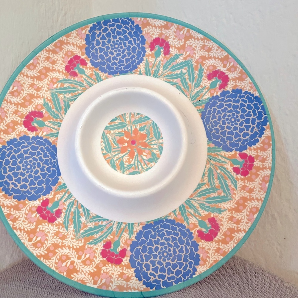 Floral Patterned Plate with Blue and Orange Accents